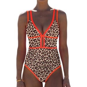 NWT Popvil Women Leopard Print Neon Orange Tummy Control Cutout One Piece Swim L
